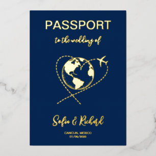Passport Wedding Destination Gold World Map Foil I Invitation