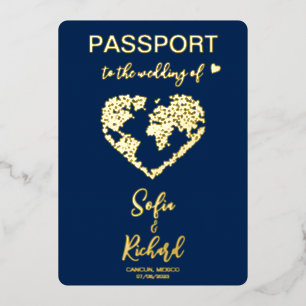 Passport Wedding Destination World Map QR code Foil Invitation