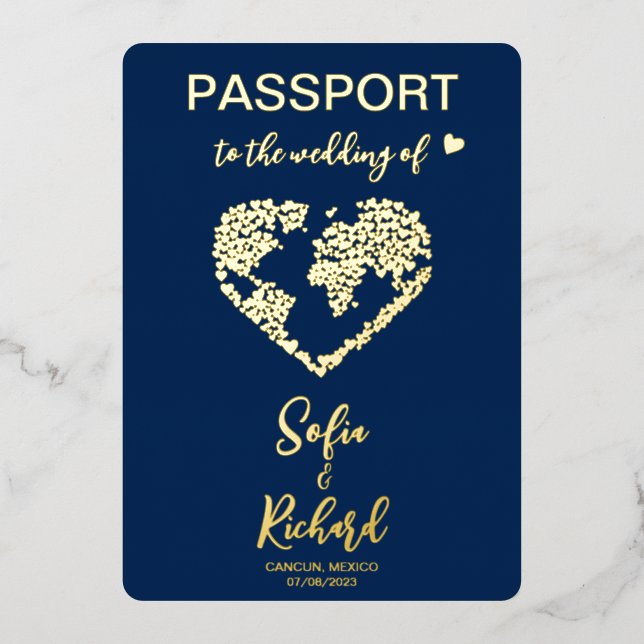 Passport Wedding Destination World Map QR code Foil Invitation (Front)