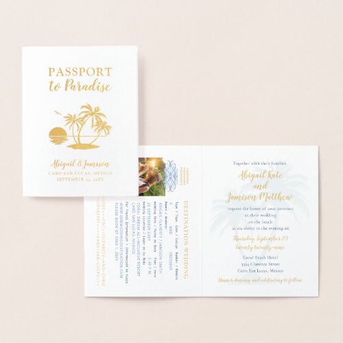 Passport Wedding Invitation Beach Palm Tree Foil