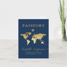 Passport Wedding Invitation Blue Gold Map + Heart
