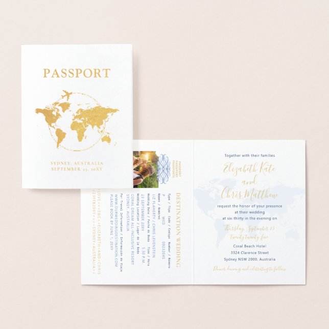 Passport Wedding Invitation Real Gold Foil Map (Display)