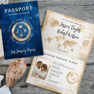 Passport Wedding Navy Blue Gold Vintage Invitation
