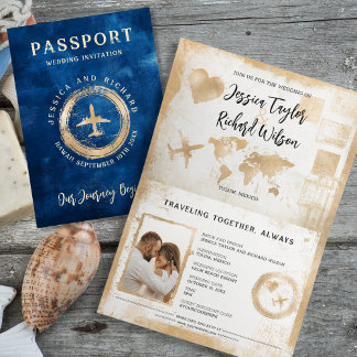 Passport Wedding Navy Blue Gold Vintage Invitation