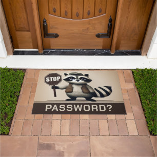 Password? Stop! Humorous raccoon bouncer Doormat