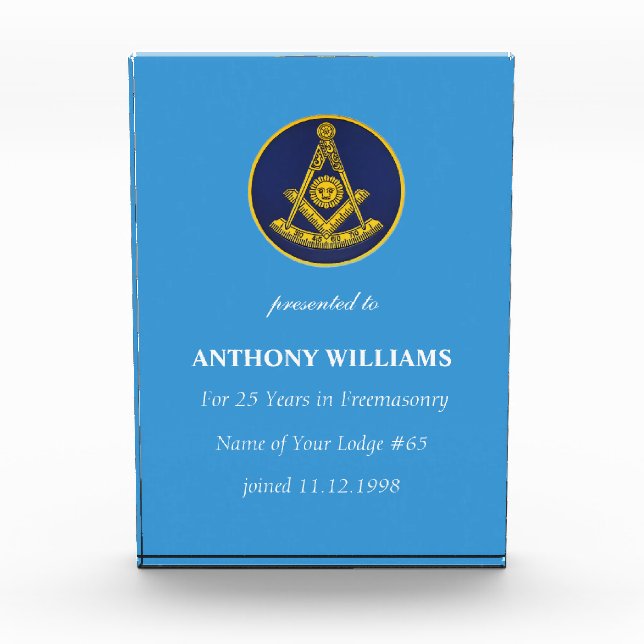 Past Master Freemasonry Freemason Masonic Blue Acrylic Award (Front)