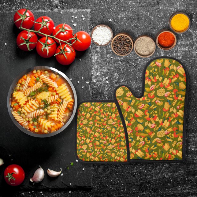 Pasta and vegetables olive green oven mitt & pot holder set (Creator Uploaded)