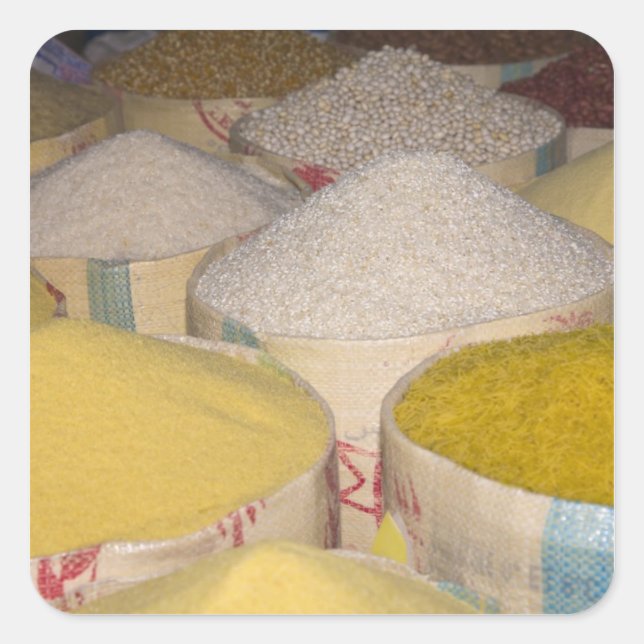 Pasta, grain and rice in sacks at the souk in square sticker (Front)