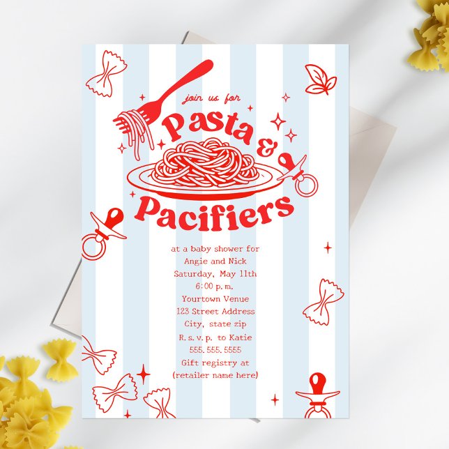 Pasta & Pacifiers Doodle Neutral Baby Shower Invitation (Creator Uploaded)