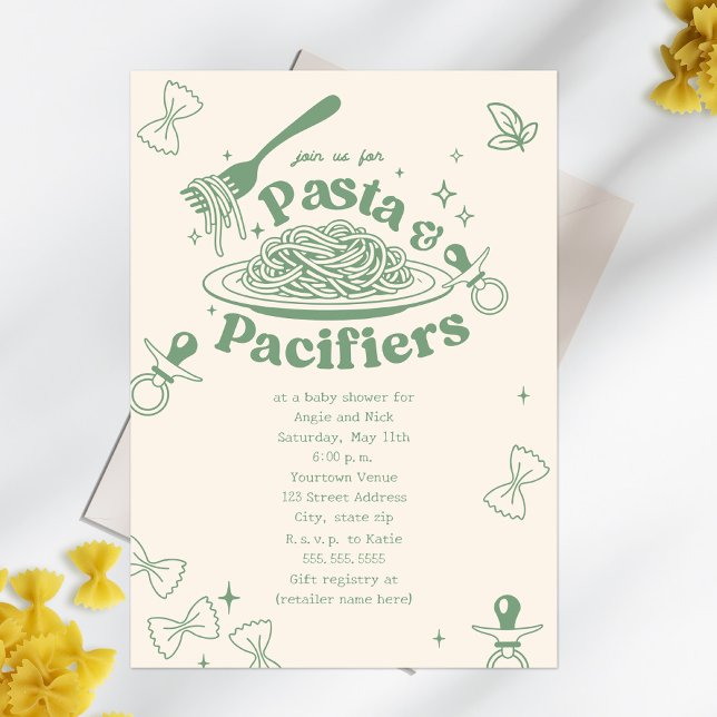 Pasta & Pacifiers Doodle Sage Green Baby Shower Invitation (Creator Uploaded)