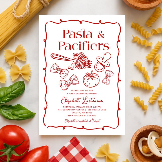 Pasta & Pacifiers Hand Drawn Italian Baby Shower Invitation (Pasta & Pacifiers Red Hand Drawn Pasta Baby Shower Invitation)