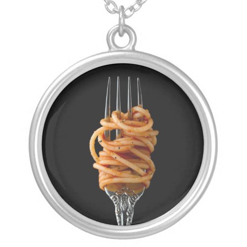 Pasta spun on a Fork Food Spaghetti Silver Plated Necklace