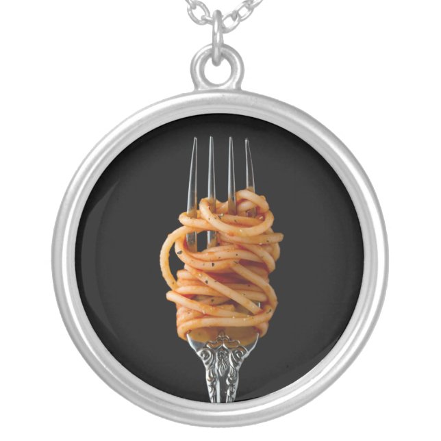 Pasta spun on a Fork, Food Spaghetti Silver Plated Necklace (Front)