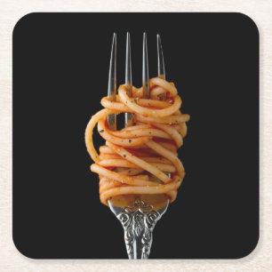 Pasta spun on a Fork, Food Spaghetti Square Paper Coaster
