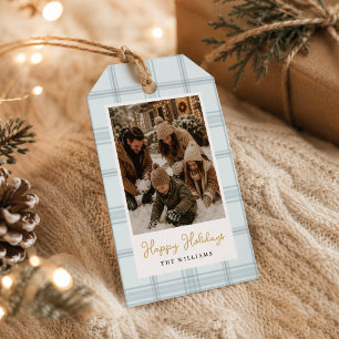 Paste Blue Soft Beige Plaid Gingham Photo Holiday Gift Tags