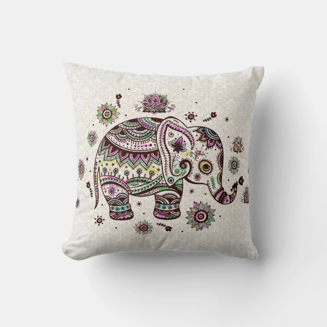 Paste Colors Retro Flowers & Elephant Throw Pillow (Front)