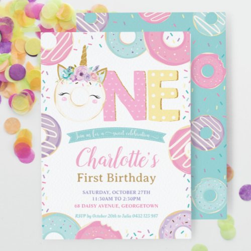 Pastel 1st Birthday Cute Unicorn Donuts Doughnuts Invitation