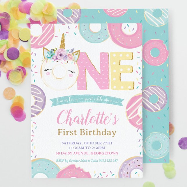 Pastel 1st Birthday Cute Unicorn Donuts Doughnuts Invitation (Creator Uploaded)
