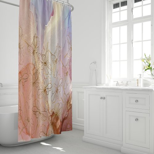 Pastel Abstract Art Gold Foil Flowers Shower Curtain