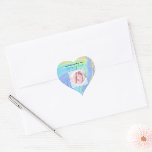 Pastel Abstract Blue Welcome New Born Custom Photo Heart Sticker