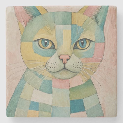 Pastel Abstract Cat Stone Coaster