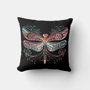 Pastel Abstract Dragonfly Black Throw Pillow