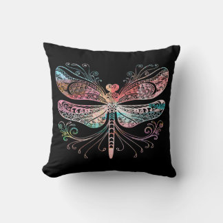 Pastel Abstract Dragonfly Black Throw Pillow