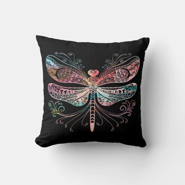 Pastel Abstract Dragonfly Black Throw Pillow (Front)