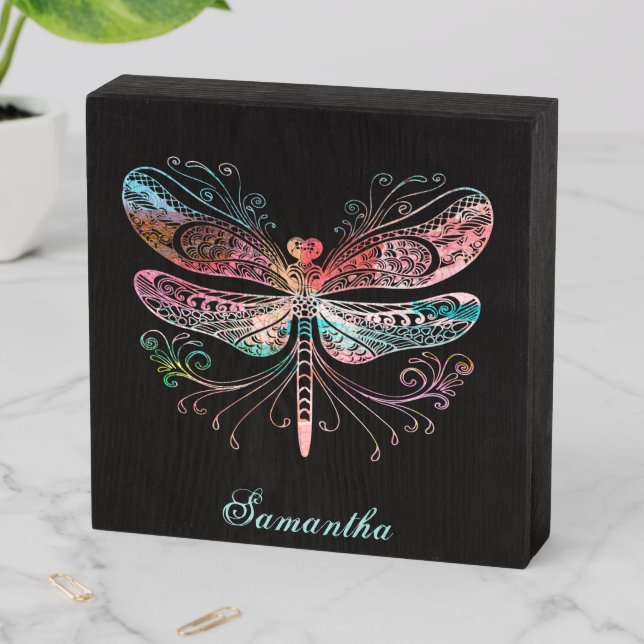 Pastel Abstract Dragonfly Black   Wooden Box Sign (In Situ Horizontal)