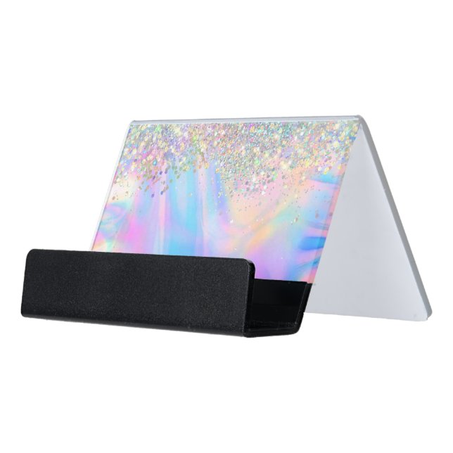 pastel abstract faux glitter desk business card holder (Angled Front)