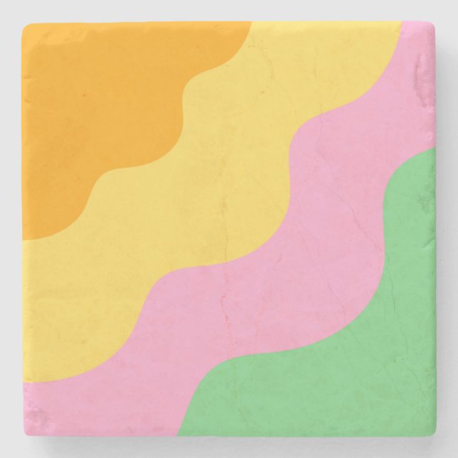 Pastel Abstract Orange Pink Green Wavy Stripe  Stone Coaster (Front)