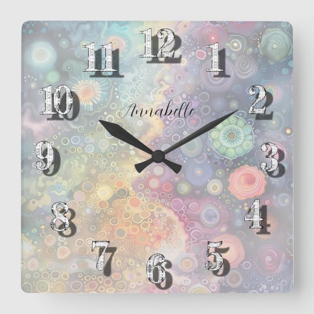 Pastel Abstract Personalized Name Wall Decor Square Wall Clock (Front)