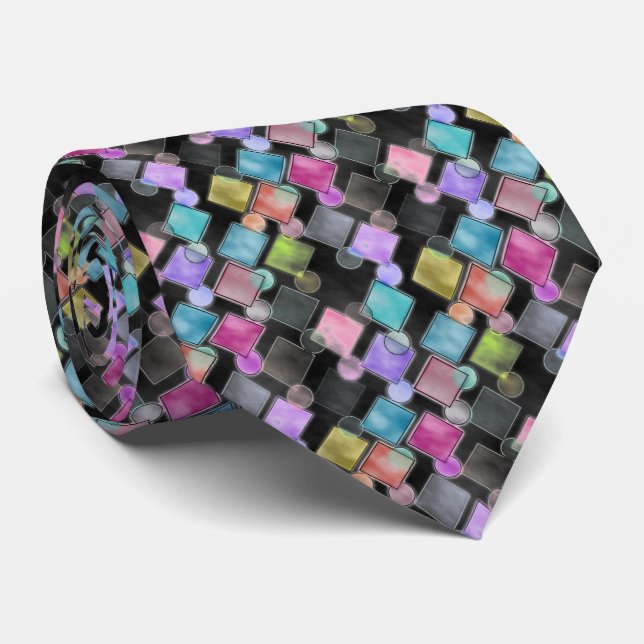 Pastel Abstract Retro Squares Polka Dots Pattern Neck Tie (Rolled)