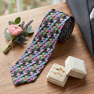 Pastel Abstract Retro Squares Polka Dots Pattern Neck Tie