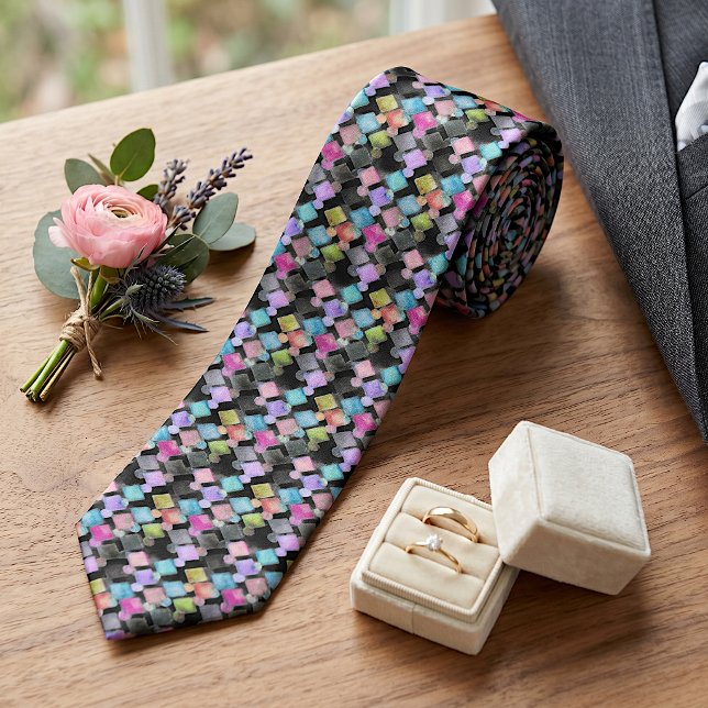 Pastel Abstract Retro Squares Polka Dots Pattern Neck Tie (Creator Uploaded)