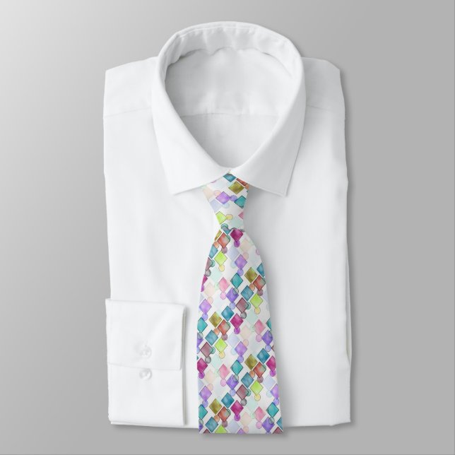 Pastel Abstract Retro Squares Polka Dots Pattern Neck Tie (Tied)