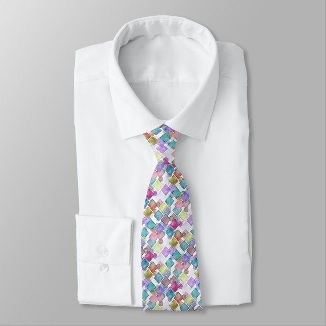 Pastel Abstract Retro Squares Polka Dots Pattern Neck Tie (Tied)
