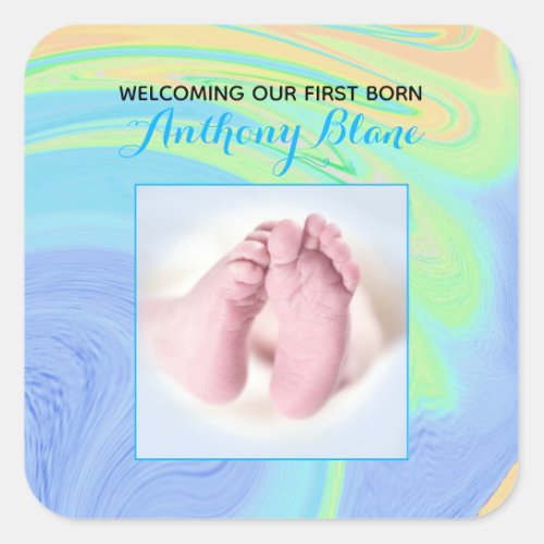 Pastel Abstract Welcome Blue New Born Custom Photo Square Sticker