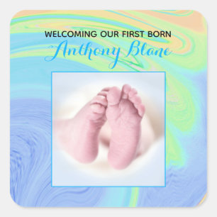 Pastel Abstract Welcome Blue New Born Custom Photo Square Sticker