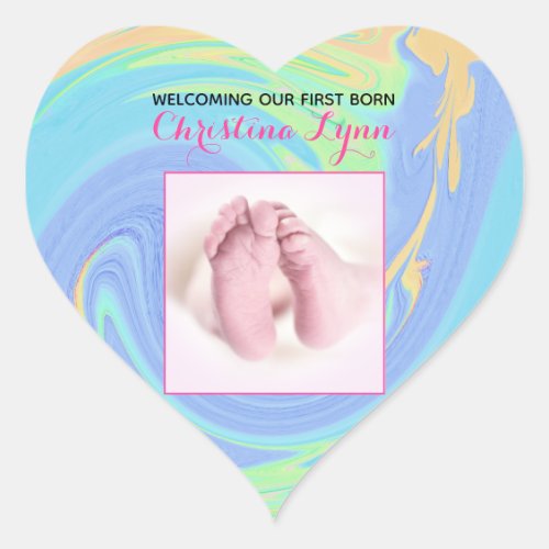 Pastel Abstract Welcome New Born with Custom Photo Heart Sticker