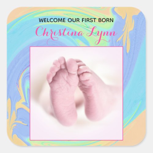 Pastel Abstract Welcome New Born with Custom Photo Square Sticker