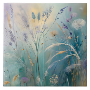 Pastel Abstract Whispers of Nature, Grasses Ceramic Tile