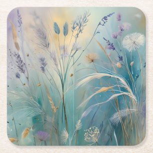Pastel Abstract Whispers of Nature, Grasses Square Paper Coaster
