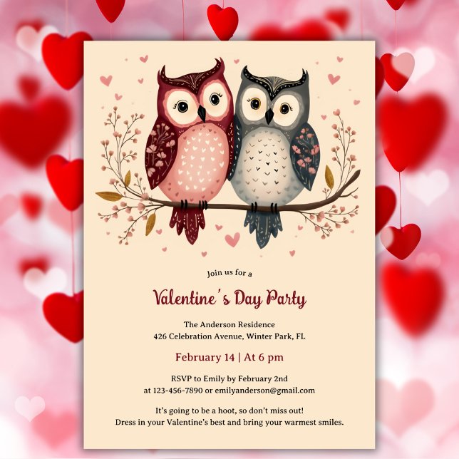 Pastel Adorable Cute Owls Valentine's Day Party Invitation (Pastel Adorable Cute Owls Valentine's Day Party Invitation)