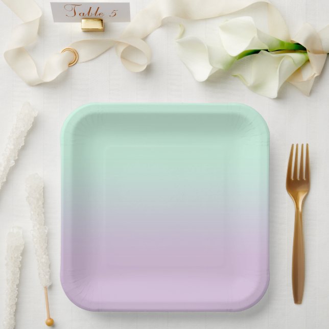 Pastel Aesthetic Mint And Lilac Gradient Ombre   Paper Plates (Wedding)