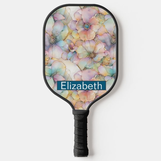 Pastel Alcohol Ink Floral Personalized Pickleball Paddle (Front)