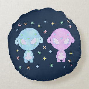 Pastel Alien Twin Sisters   Cute Cosmic Kawaii Art Round Pillow