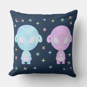 Pastel Alien Twin Sisters Cute Cosmic Kawaii Art Throw Pillow