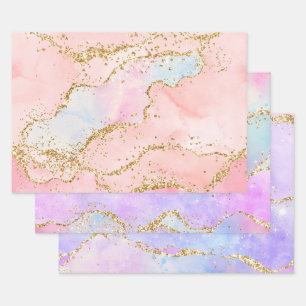 Pastel and Gold Faux Glitter Agate Wrapping Paper Sheets
