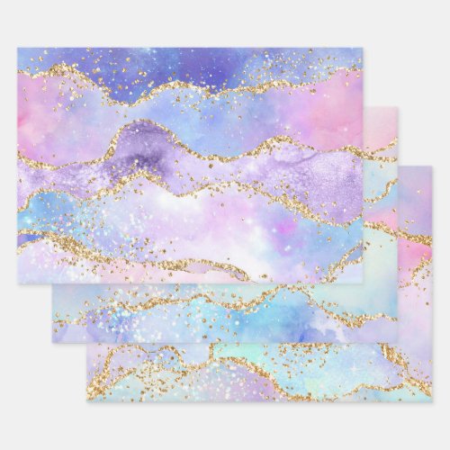 Pastel and Gold Faux Glitter Agate Wrapping Paper Sheets